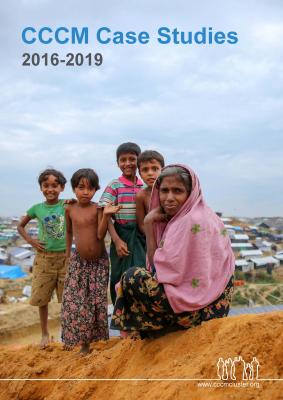 Cover Page - CCCM Case Studies 2016 - 2019. Four children stand smiling behind a woman seated on a hill. They are in Cox's Bazar